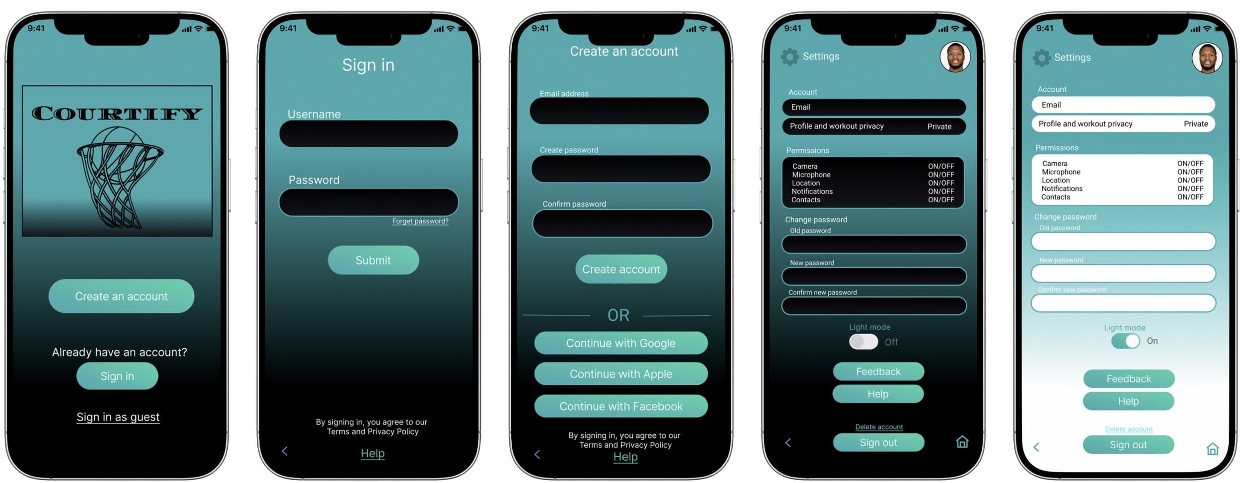 Courtify high‑fidelity prototype — screen set 1